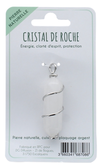 Pendentif en Cristal de Roche Pointe Biterminée et Spirale en Métal Argenté 2