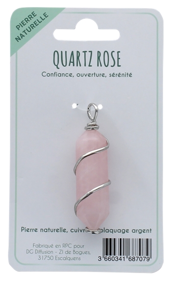 Pendentif en Quartz Rose Pointe Biterminée et Spirale en Métal Argenté 2