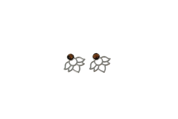 Boucles d'oreilles Oeil de Tigre Perle et Lotus Métal argenté 1