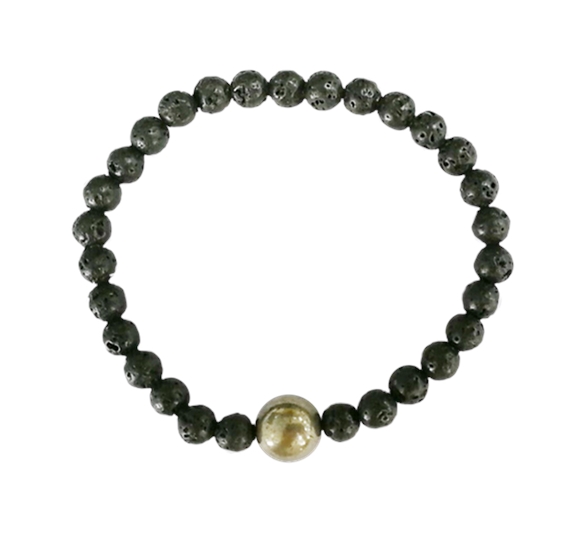 Bracelet Pierre de lave Perles rondes 6 mm et Perle unique Pyrite 1 cm 1