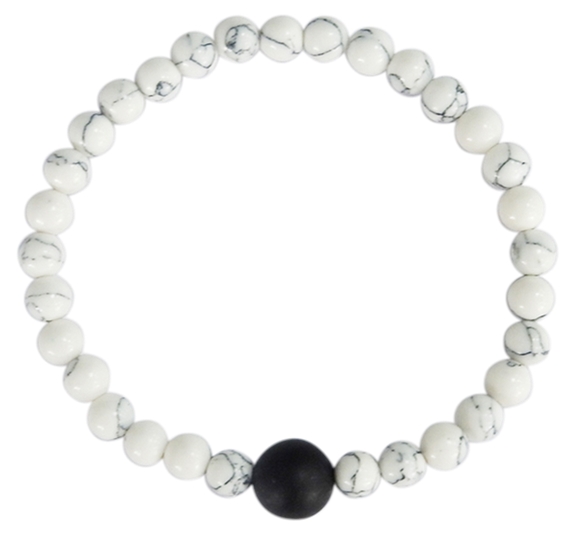 Bracelet Howlite Blanche Perles rondes 6 mm et Perle unique Onyx Noir 1 cm 1