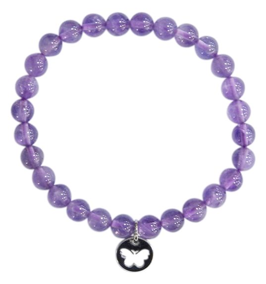 Bracelet Améthyste Perles rondes 6 mm Breloque papillon 1