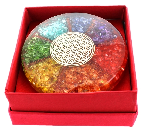 Sous verre Orgonite 7 Chakras avec symbole Fleur de Vie 1