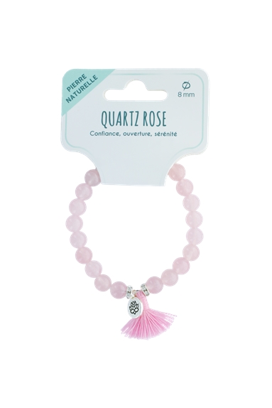 Bracelet Quartz Rose Perles rondes 8 mm Pompon et Lotus 1