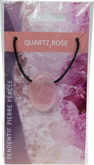 Collier Quartz Rose Pierre ovale percée Cordon noir 1