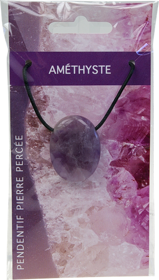 Collier Améthyste Pierre ovale percée Cordon noir 1