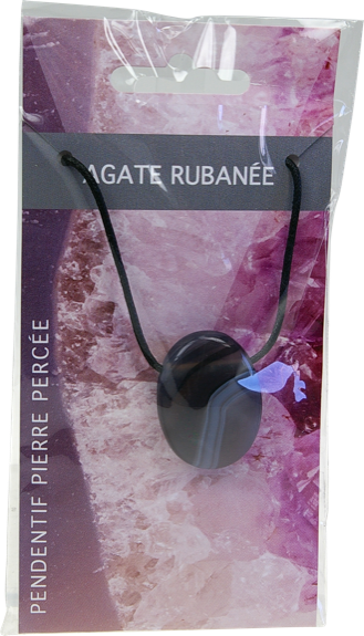 Collier Agate Rubanée Pierre ovale percée Cordon noir 1
