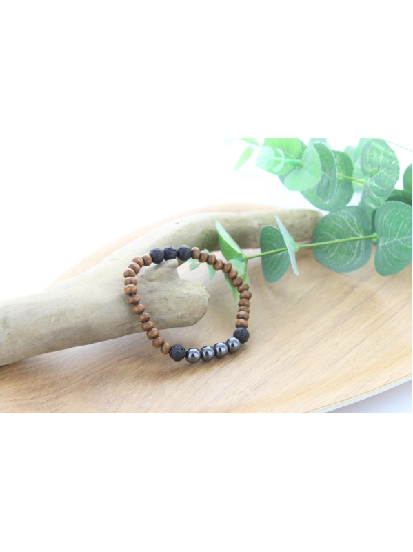 Bracelet Bois, Hématite et Pierre de lave Perles rondes 8 mm 1