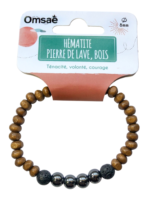 Bracelet Bois, Hématite et Pierre de lave Perles rondes 8 mm