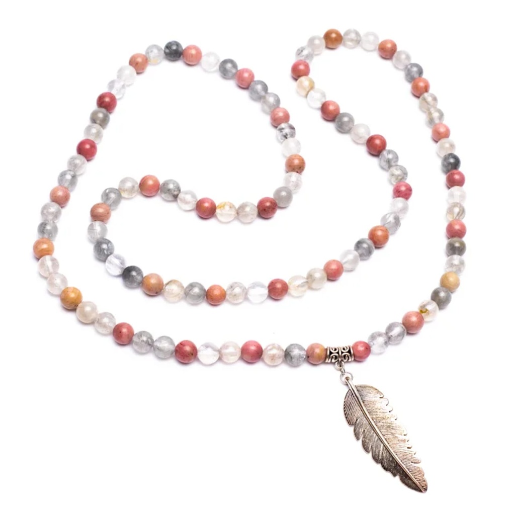 Mala Rhodonite/ Quartz gris + plume 1
