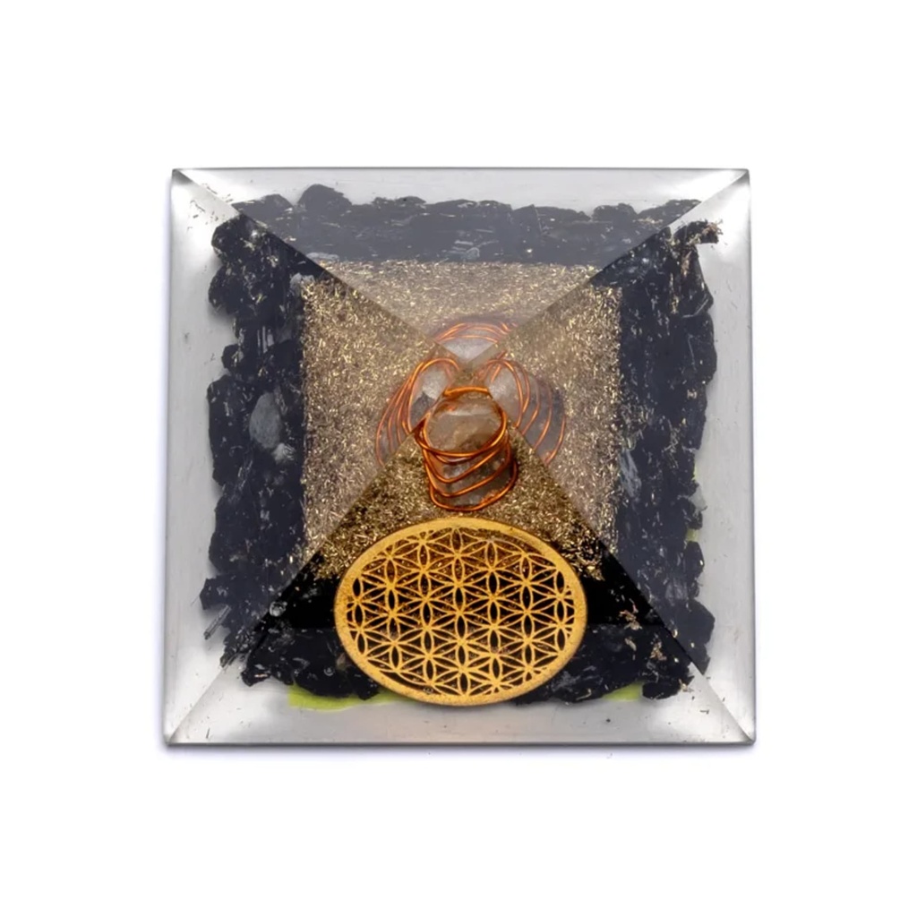 Pyramide en Cristal à pointes de tourmaline noire avec Fleur 1