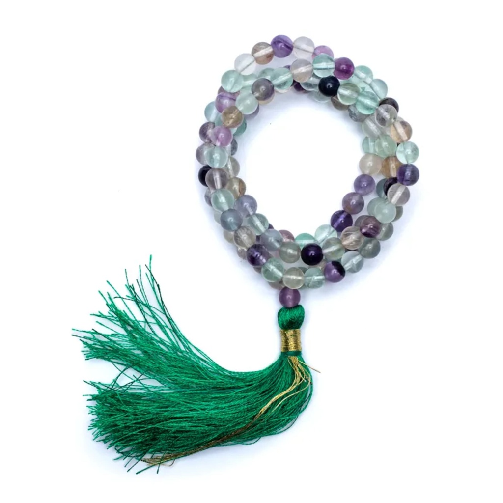 Mala Fluorite qualité AA 108 perles + sachet en brocart 0