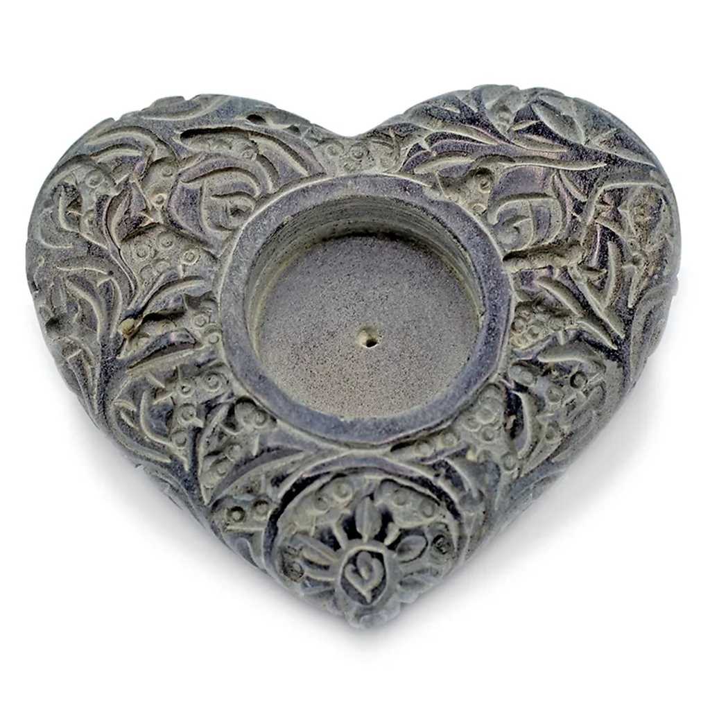Bougeoir/brûle encens coeur en pierre ollaire gris 0
