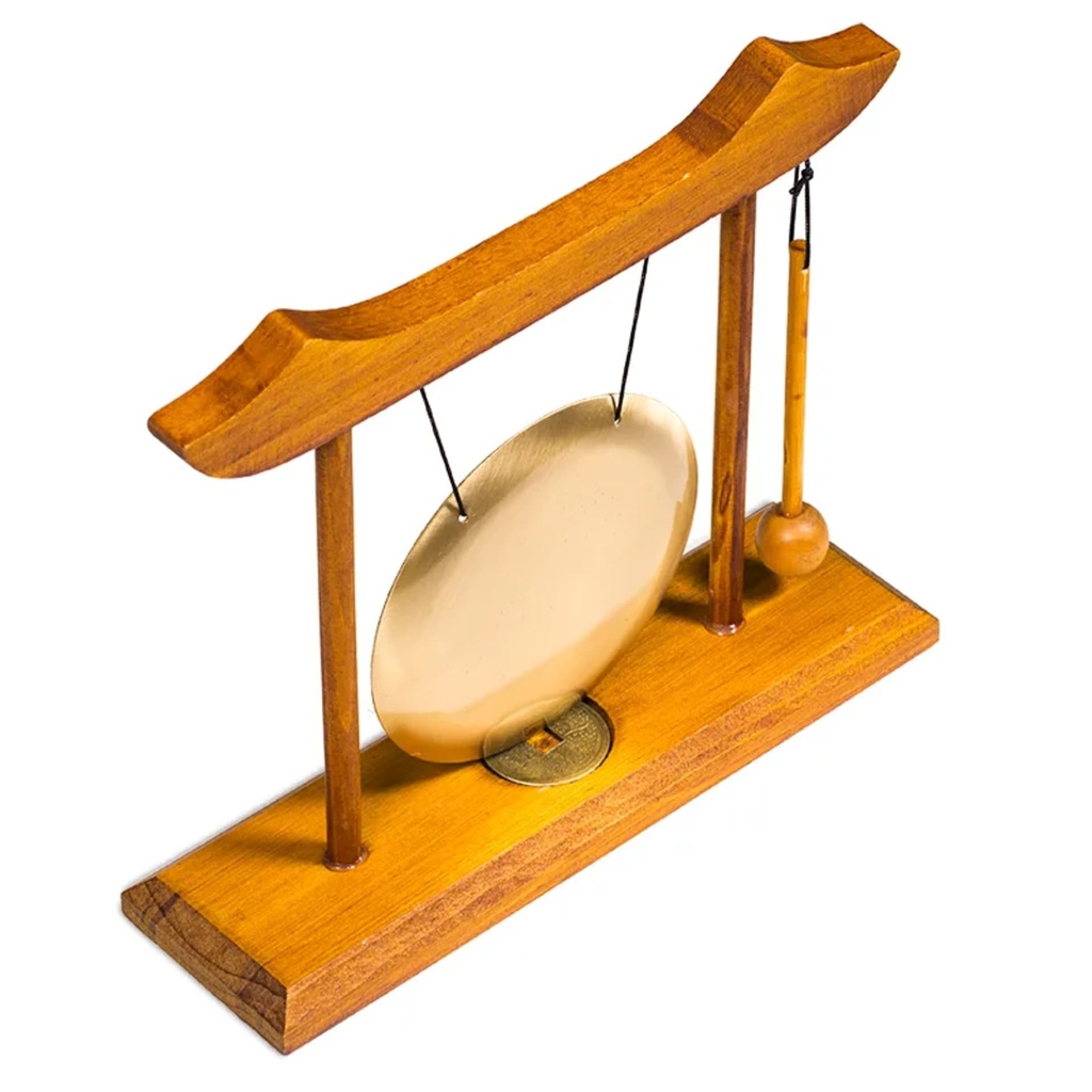 Gong de Table - structure bois rouge gong doré 1