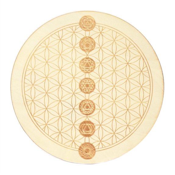 Socle de rechargement en bois Fleur de Vie et Chakras gravés 20 cm 2