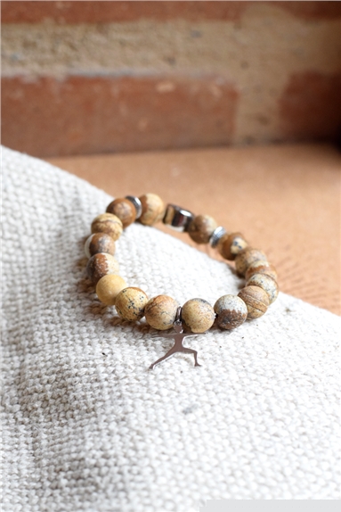 Bracelet Jaspe Paysage Perles rondes 10 mm Breloque Yoga Guerrier