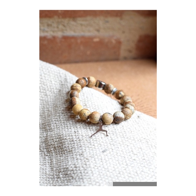 Bracelet Jaspe Paysage Perles rondes 10 mm Breloque Yoga Guerrier