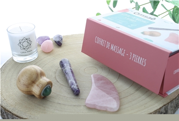 Coffret massage corps en Quartz rose, Améthyste et Jade vert