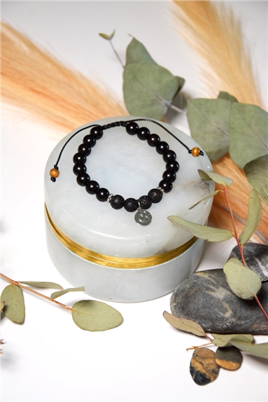 Bracelet Pierre de Lave Bois d'Ebène Perles rondes 8 mm Lune et étoile