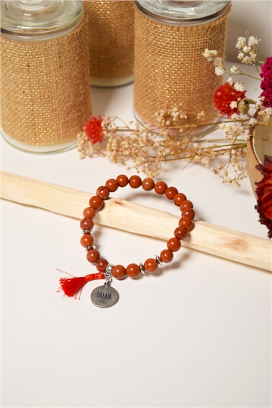 Bracelet Jaspe rouge Perles rondes 8 mm Pompon Breloque Dream