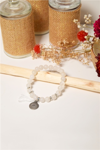 Bracelet Cristal de Roche Perles rondes 8 mm Pompon Breloque Love