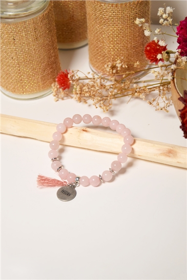 Bracelet Quartz Rose Perles rondes 8 mm Pompon Breloque Passion