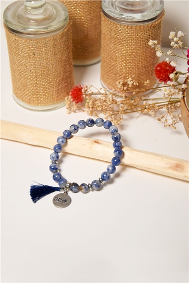 Bracelet Sodalite Perles rondes 8 mm Pompon Breloque Gratitude