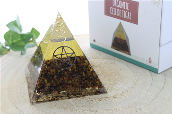 [3660341699256] Pyramide Orgonite Oeil de Tigre Pentacle