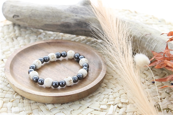 Bracelet Hématite Perles rondes 8 mm et Perles bois 1 cm