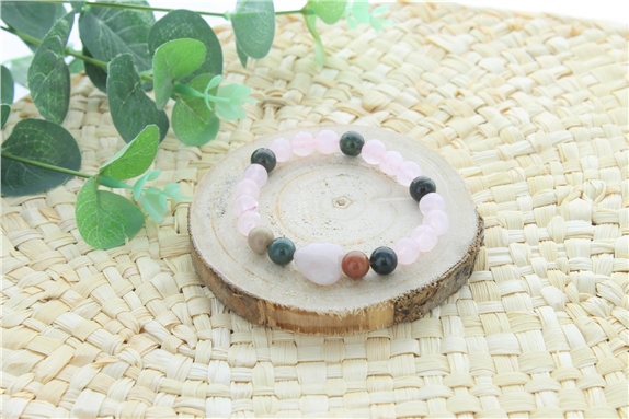 Bracelet Quartz Rose Agate Perles rondes 8 mm Perle coeur 15 mm