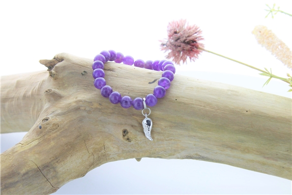 Bracelet Améthyste Perles rondes 8 mm et Breloque aile d'ange