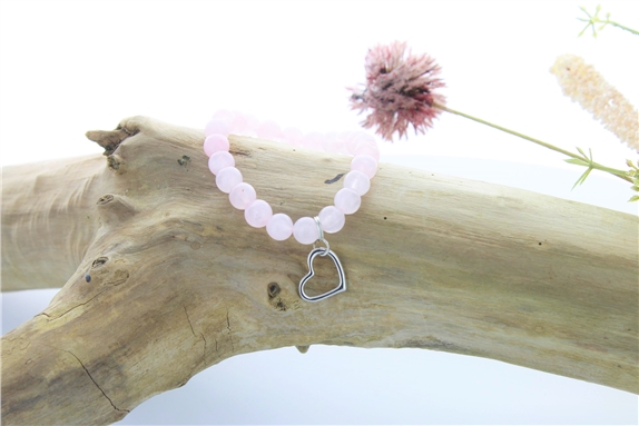 Bracelet Quartz rose Perles rondes 8 mm et Breloque coeur
