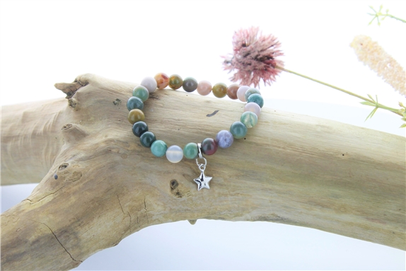 Bracelet Agate Multicolore Perles rondes 8 mm et Breloque étoile
