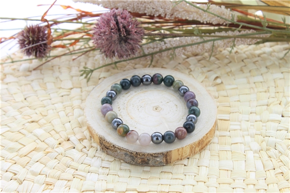 Bracelet Agate Multicolore et Hématite Perles rondes 8 mm