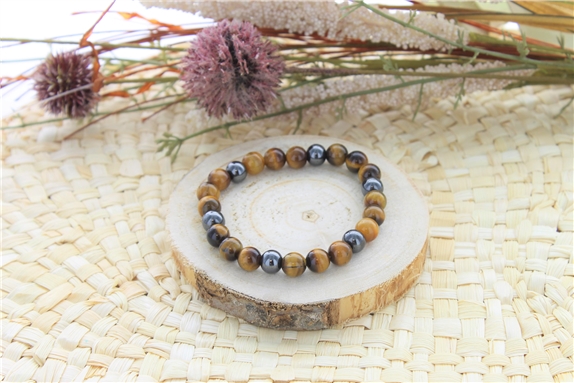 Bracelet Oeil de Tigre et Hématite Perles rondes 8 mm