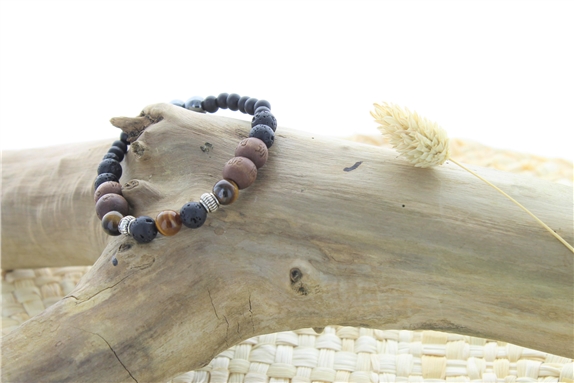 Bracelet Pierre de lave, Bois, Oeil de Tigre, Hématite Perles rondes
