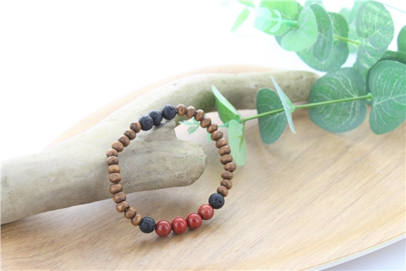 Bracelet Bois, Jaspe Rouge et Pierre de lave Perles rondes 8 mm