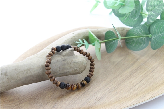 Bracelet Bois, Oeil de Tigre et Pierre de lave Perles rondes 8 mm