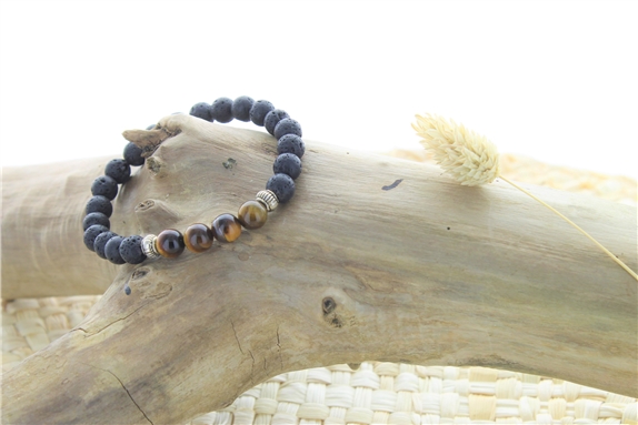 Bracelet Pierre de lave et Oeil de Tigre Perles rondes 8 mm