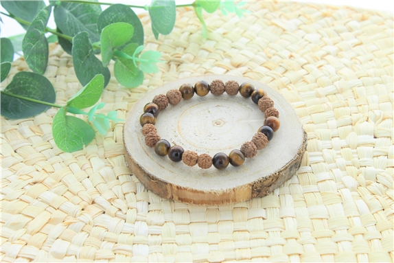 Bracelet Oeil de Tigre et Rudraksha Perles rondes 8 mm