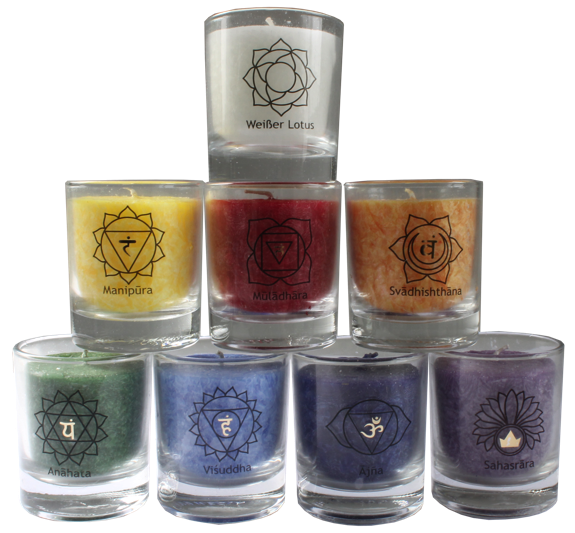 Ensemble de 8 petites bougies - 7 chakras et Lotus Blanc