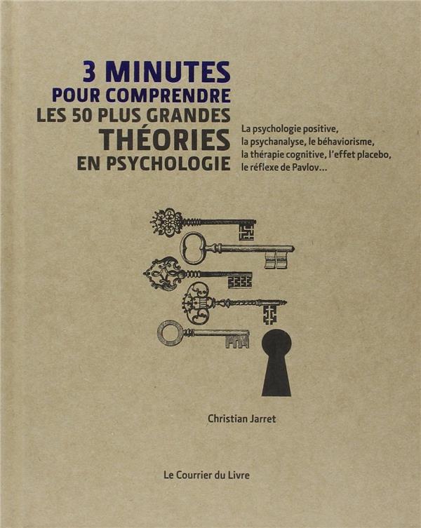 3 minutes pour comprendre ; les 50 plus grandes théories en psychologie ; la psychologie positive, la psychanalyse, le béhaviorisme, la thérapie cognitive, l'effet placebo, le réflexe de Pavlov...