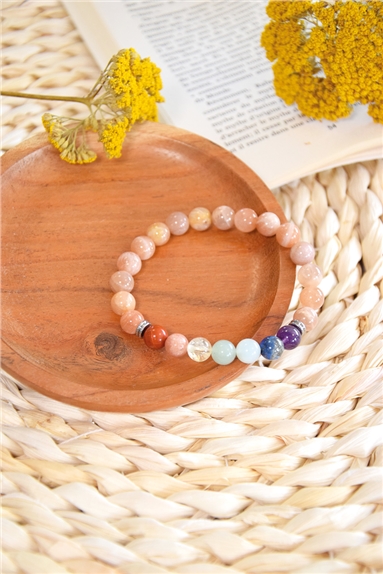 Bracelet 7 Chakras Pierre de soleil Perles rondes 8 mm