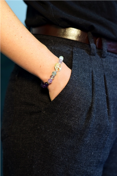 Bracelet Perles rondes 8 mm Fluorite et Améthyste Charm Arbre de vie