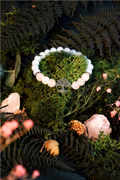 Bracelet Perles rondes 8 mm Quartz Rose et Aigue-Marine Charm Arbre de vie