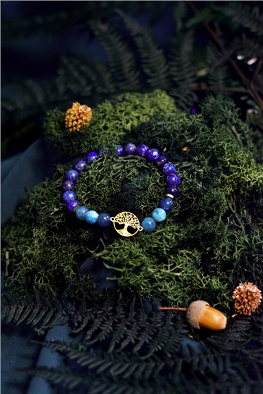 Bracelet Perles rondes 8 mm Lapis-Lazuli et Apatite Charm Arbre de vie