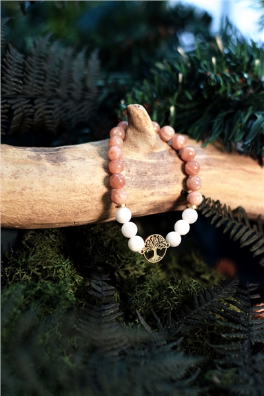 Bracelet Perles Rondes 8 mm Pierre de Lune et Pierre de Soleil Charm Arbre de vie
