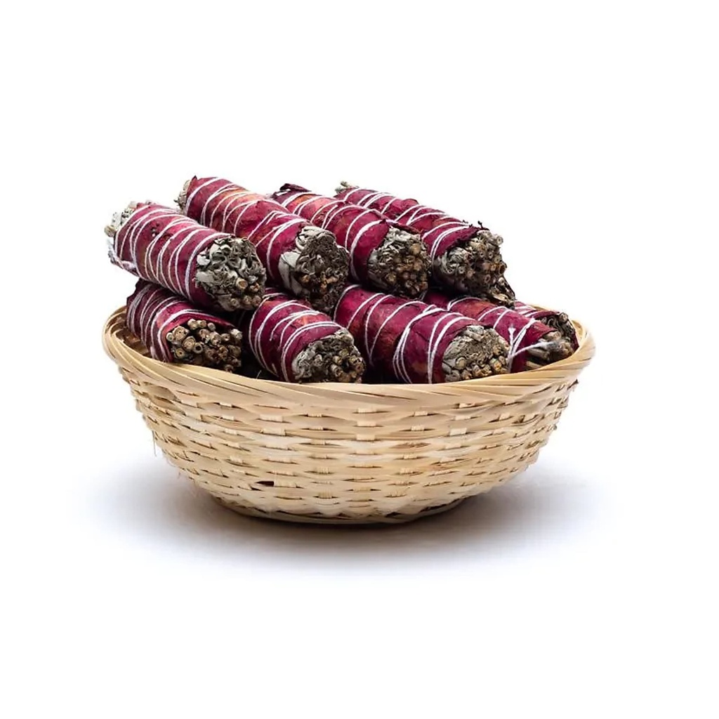 Smudge de Sauge blanche avec pétales de rose S par 24 en panier | ±10-11cm; ±25-35g