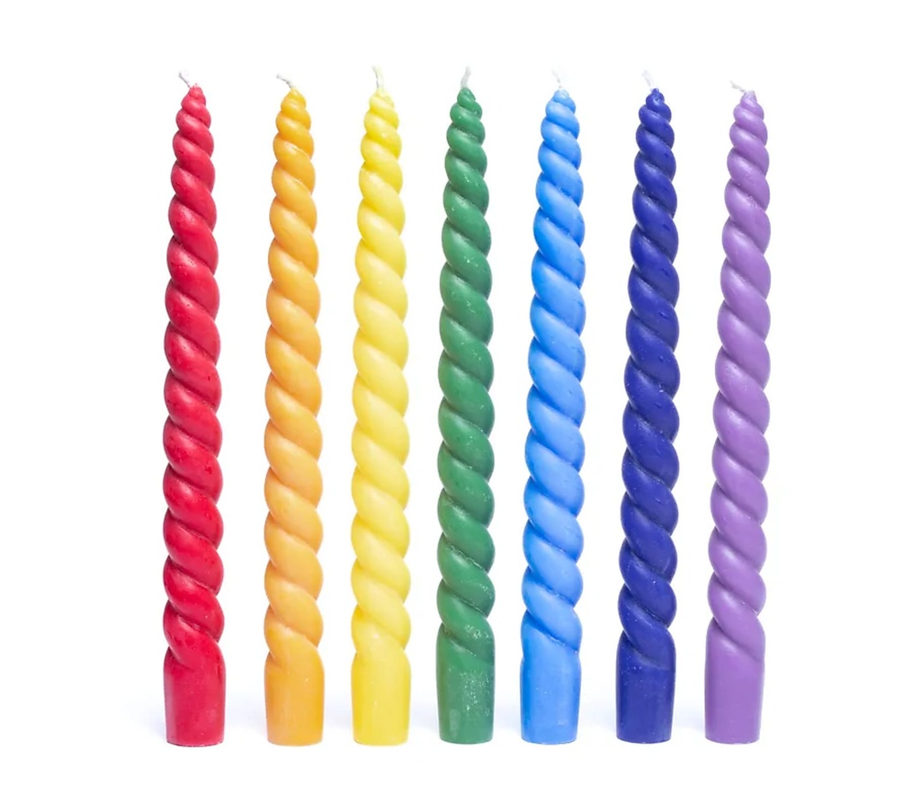 Bougies de dîner torsadées Chakra non parfumées lot de 7 | 23cm