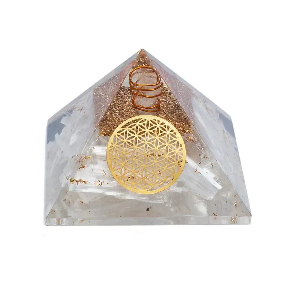 [8720512976731] Orgonite Pyramide sélénite fleur de vie | 7x7x6 cm